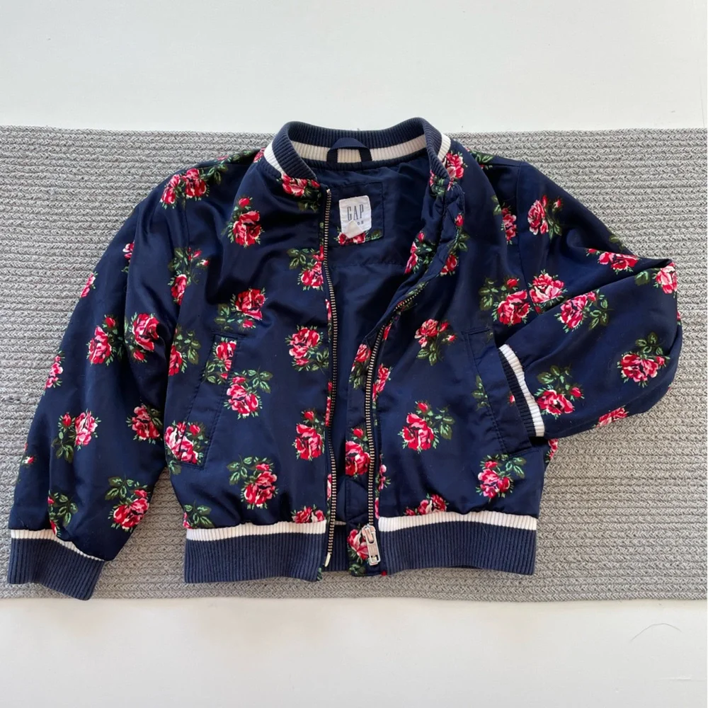 GAP Kids Navy Blue Rose Floral Silky Bomber Jacket Size XS (4-5)